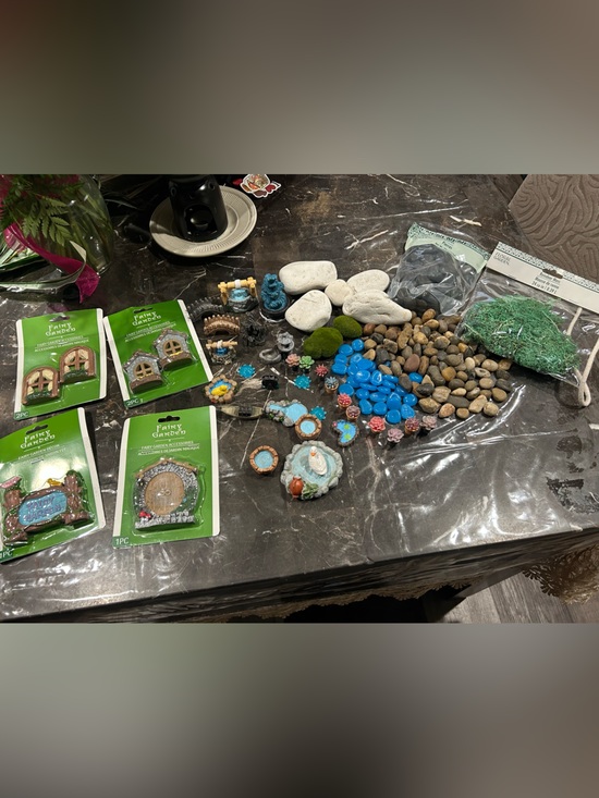 Other - Fairy Garden Accessory Lot with Blue Glass Pebbles and Miniature Fountains